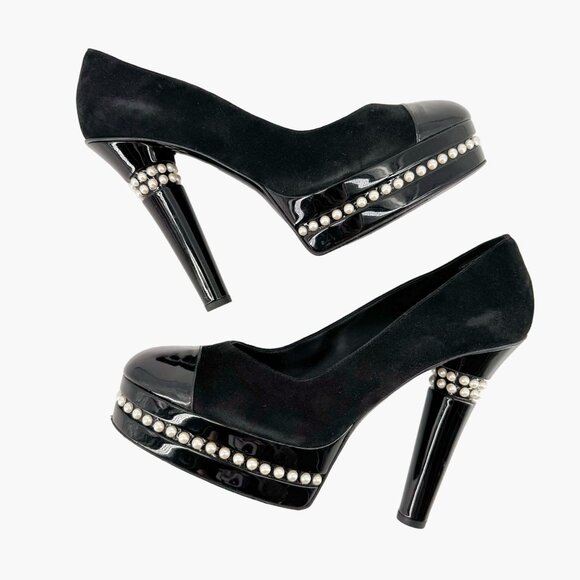 Chanel Platform Pearl Pumps EU 41 US 10-10.5 Black Suede Leather Cap Toe Heel - Picture 7 of 12